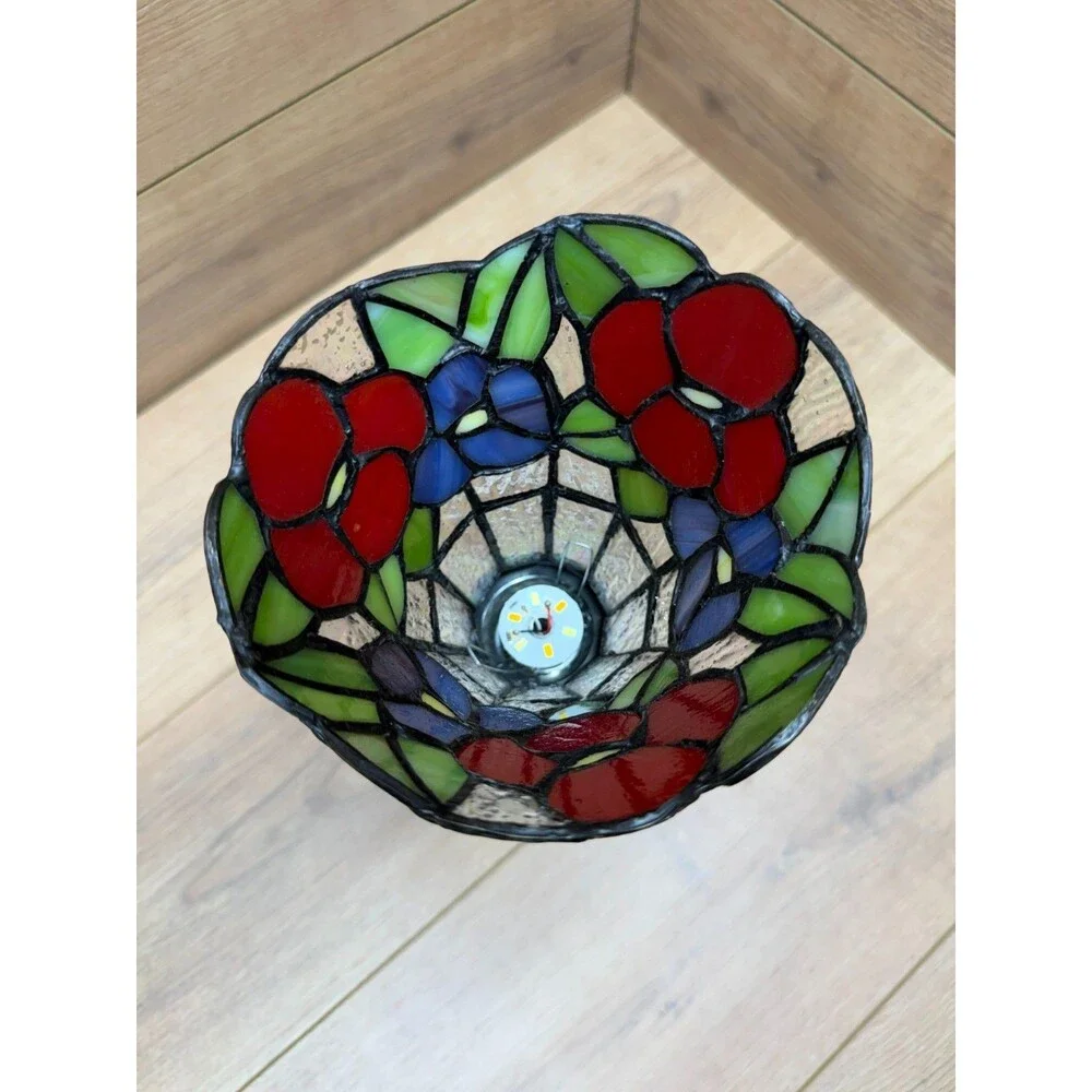 Tiffany Style Wicker & Stained Glass Multicolor Round Glass LED Lamp USB Powered